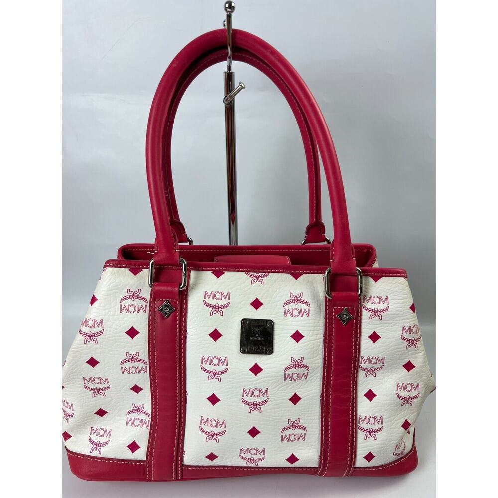 MCM Handbag White/ Red Leather Boston Bag Small Tote Purse